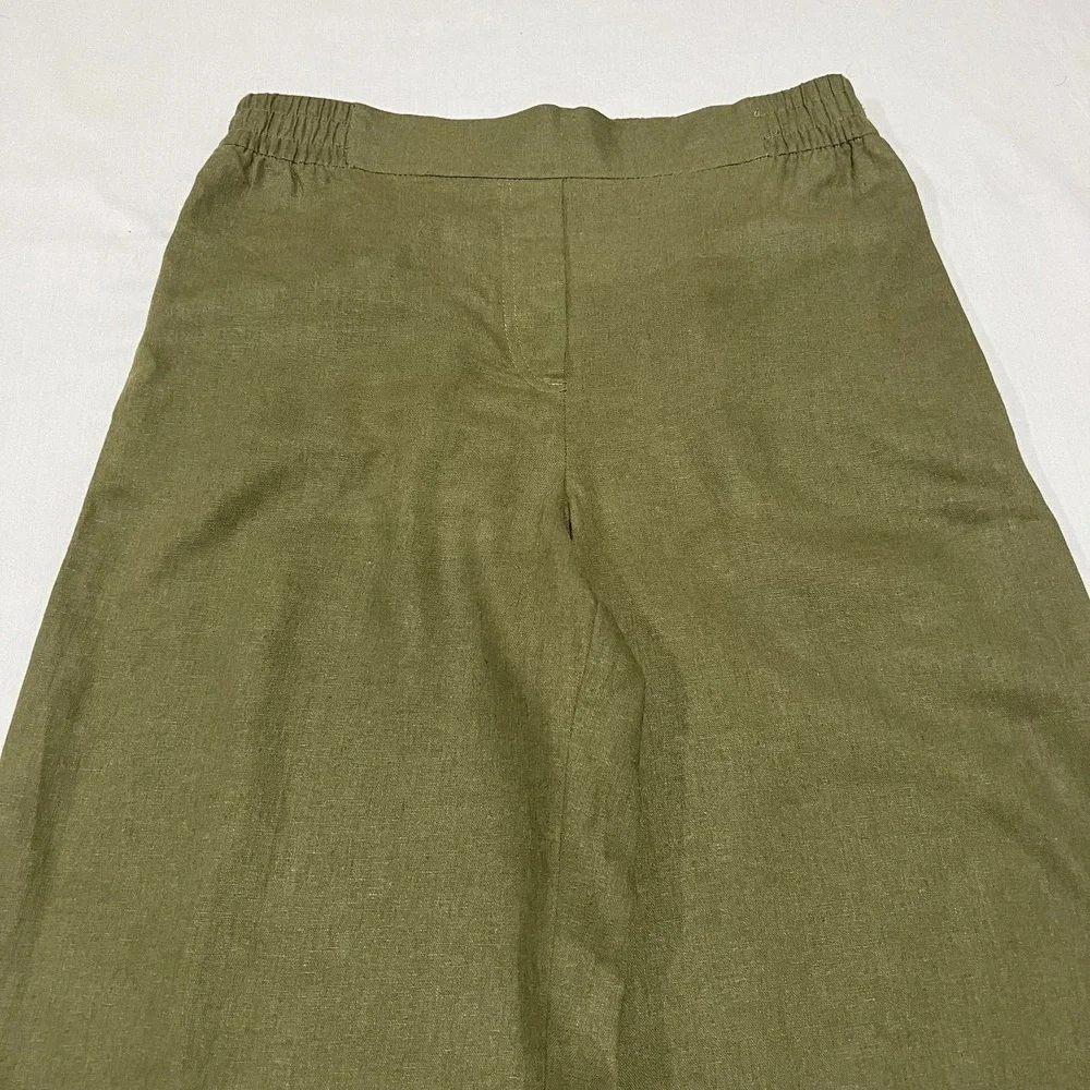 NWT Zara Womens Green Linen Blend Elastic Waist Wide-Leg Boho Flowy Pants M